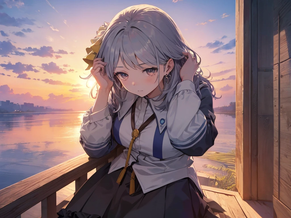 Alone, 1 girl, (human ears, earrings), (Anime Face), (((sitting, hands on head))), (black casual dress with ruffled sleeves, black skirt with ruffles), ( sunset sky, sunset sun) , evening sky), (focus on chest, Oblique angle), (high resolution, masterpiece, accurate, anatomically correct, multiple award winning, top quality, detailed, high quality model, high quality , retina, highly detailed, textured skin, ultra-high resolution)、((Place the character in the center、 upper body))
