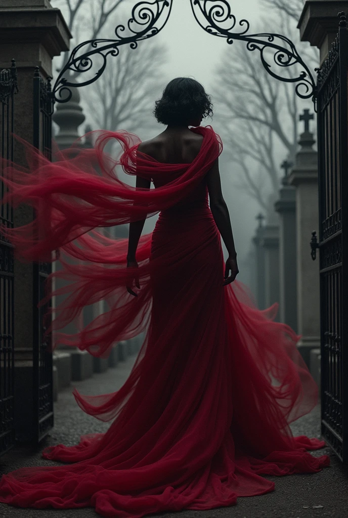 A black woman dressed in wine-red fabrics wrapped in a whirlpool of air at the door of a cemetery