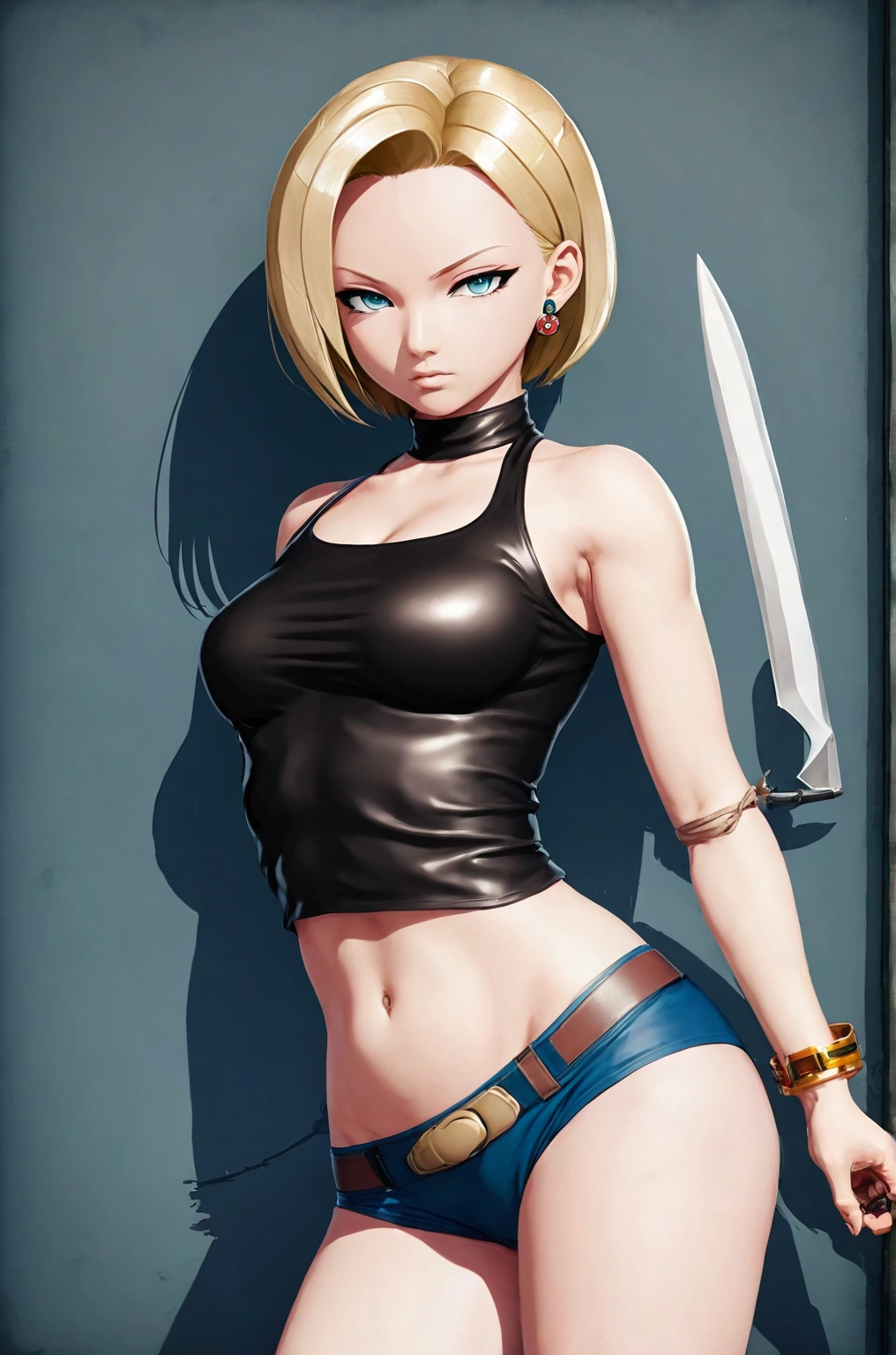 best quality, highres, and18, 1girl, android 18, solo, blonde hair, blue eyes, short hair, earrings, jewelry, medium breasts, cowboy shot, street,