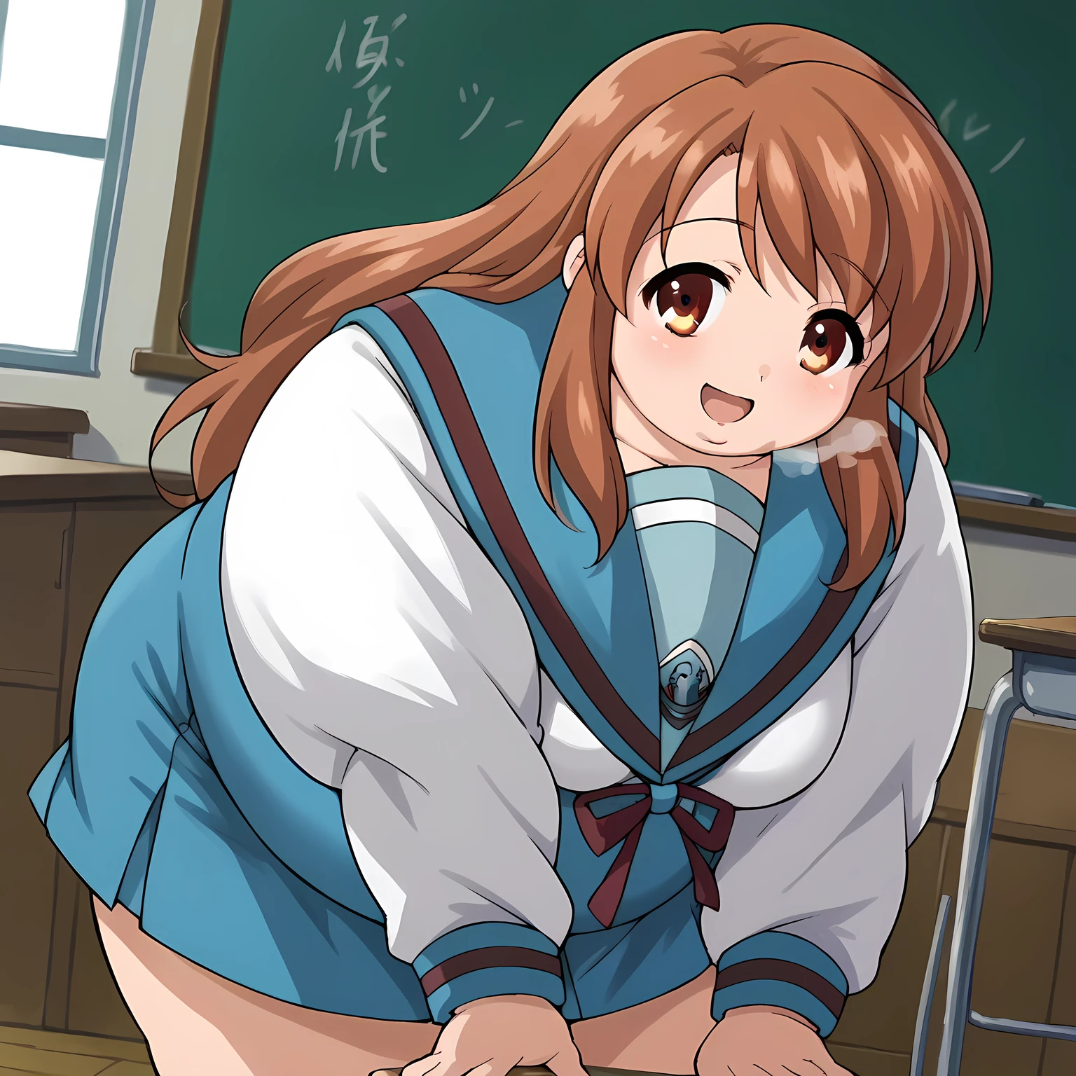 score_9, score_8_up, score_7_up, source_anime,
mikuruasahina,  mikuru asahina, long hair, brown hair, brown eyes,
skirt, long sleeves, school uniform, serafuku, sailor collar, blue skirt, blue sailor collar, winter uniform, kita high school uniform,
indoors, classroom, bent over, smile,
looking at viewer, dutch angle, cowboy shot, solo,  fat, chubby, obese, gigantic arms and legs, large breasts open mouth, out of breath