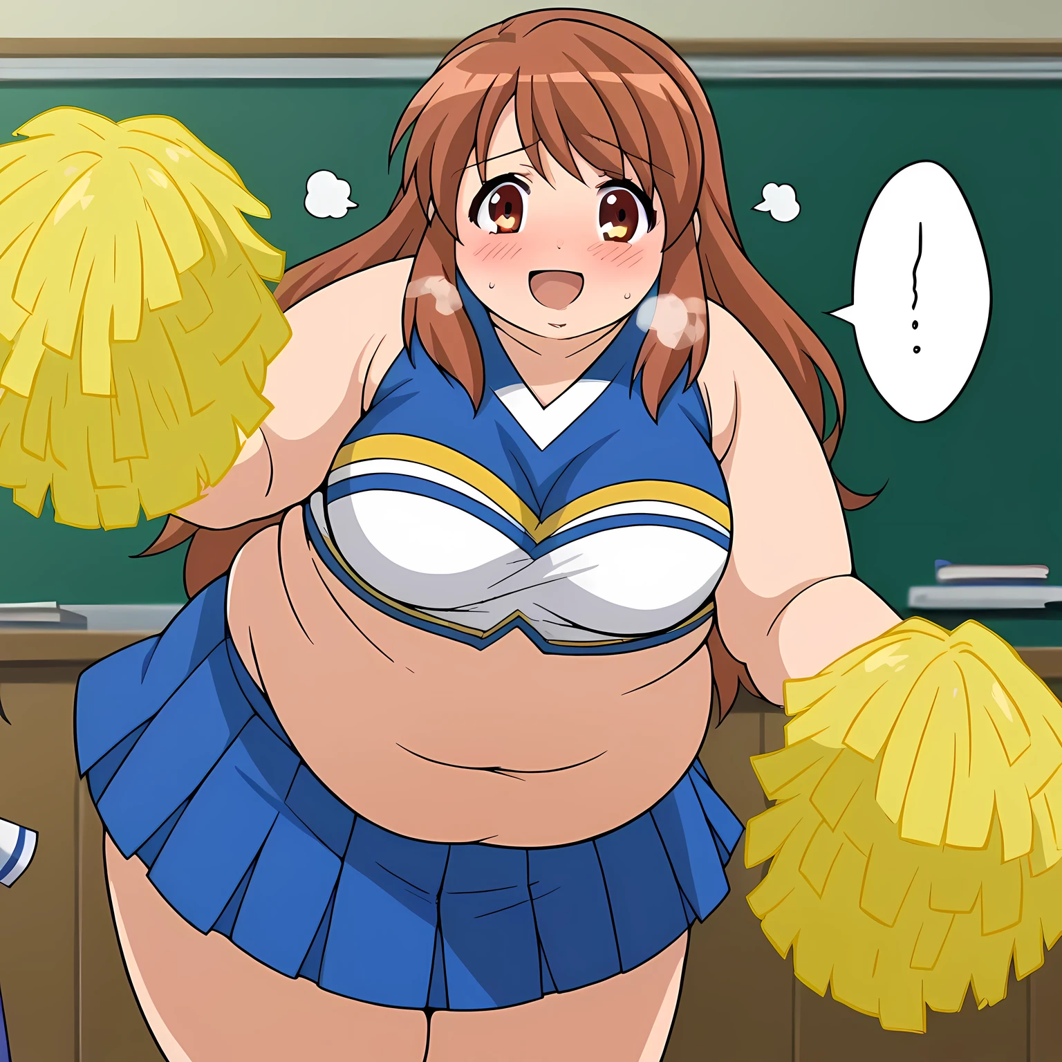 score_9, score_8_up, score_7_up, source_anime,
mikuruasahina,  mikuru asahina, long hair, brown hair, brown eyes,
skirt, pleated skirt, blue skirt, cheerleader, pom pom \(cheerleading\), sleeveless,
indoors, classroom, bent over, smile,
looking at viewer, dutch angle, cowboy shot, solo, bulging belly, fat, chubby, obese, open mouth, out of breath, absurdres, highres icon, rating:General, confused, blush, spoken question mark, {flustered}, nervous sweating, portrait, pov hands, hand on another's belly, averting eyes, [looking away], straight-on, from below, swollen face, masterpiece, best quality, ultra-detailed, high resolution, 8K, absurdres, highres icon,