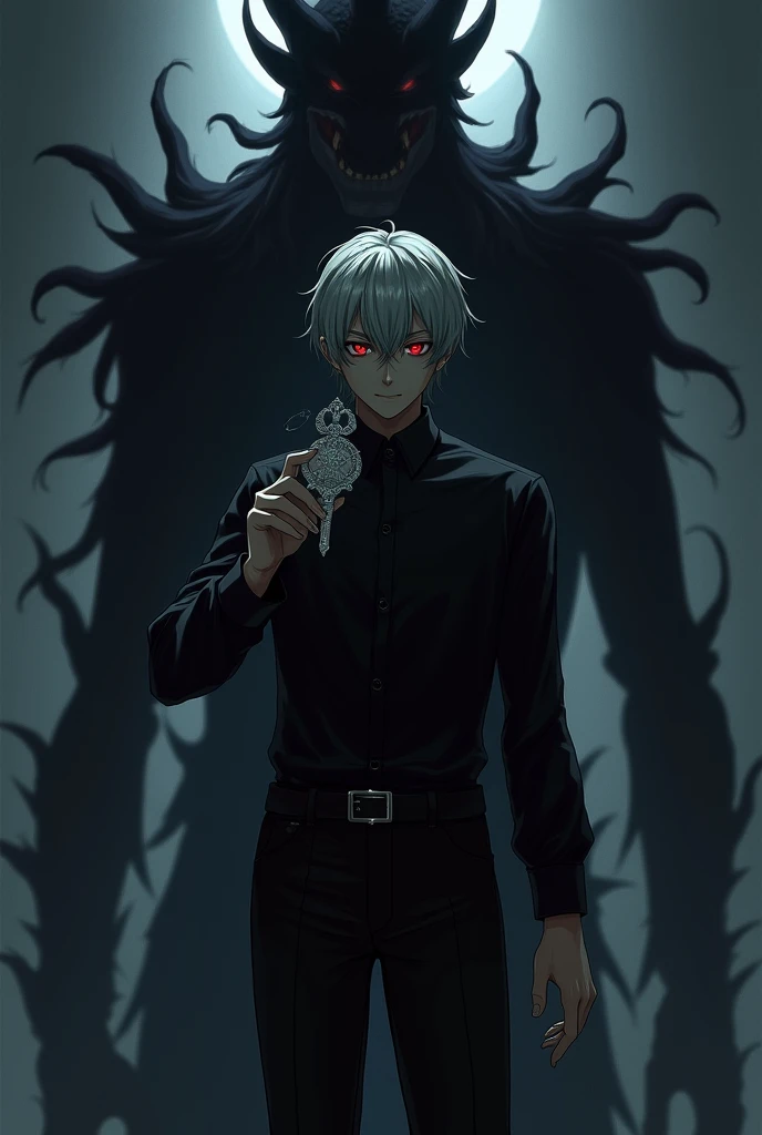 Create a male anime character with white hairs wearing a black coot on which 138 is written hiding his face in dark and in opposite direction there is a monster and heading  should be Dark Art : Dark Blood create image in landscape 