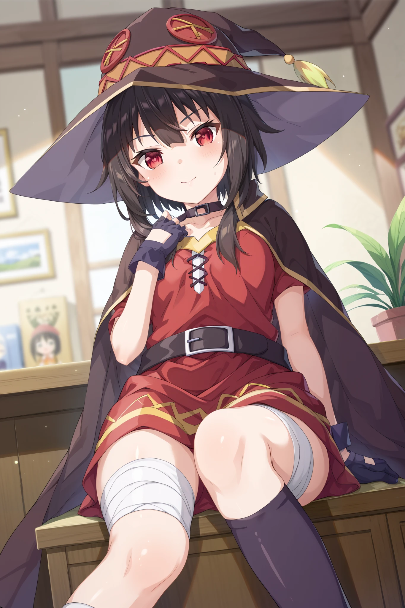 ((masterpiece)), (Best quality:1.7), (detailed:1.4), (A high resolution:1.4), 8 k, (colorful:1.5), 2D, A high resolutionolution, Sharp image, 4K, HD, Megumin_Konosuba, 1 girl, (((One))), ((black hair)), black stockings, Wow, witch hat, brown belt, Red eyes, Red dress, Medium Body, cowboy shot, smile, ((Medium breasts)), (((e.g))), peace symbol, long sleeves, split, legs, long legs, school, spread legs, (((Two arms))), (((Two arms))), Necklace, ((black e.g)), hands on hip, belt, sexy hips, sits on the toilet, poops, diarrhoea, legs вместе 