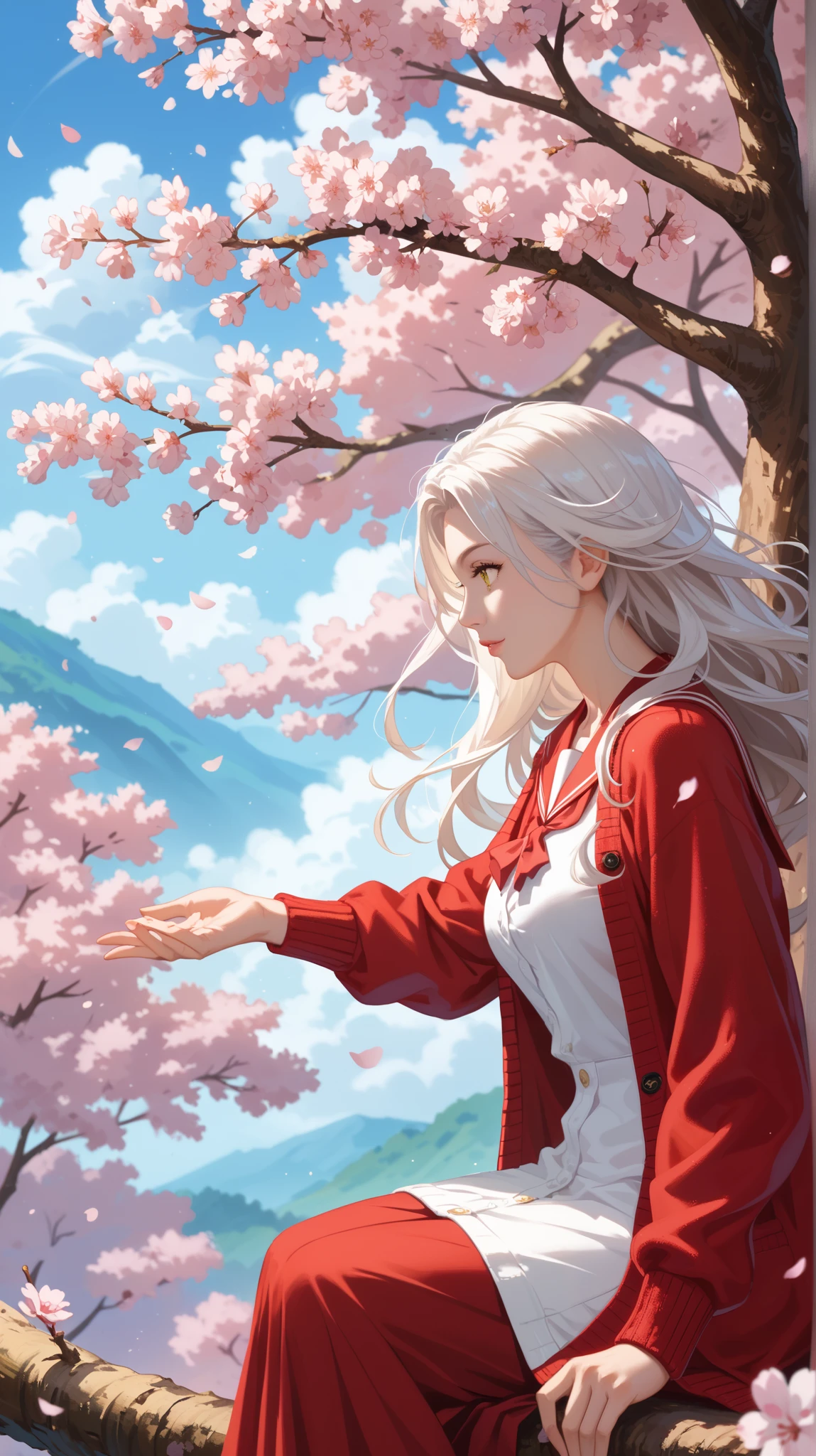  1 girl,  high definition , Alone, ( long hair_ pure white straight hair),   Looking into the Distance ，sitting on a branch of a tree ，Fluttering Hair， yellow gold eyes , mature,(profile,_Dark look),（ red sailor suit，Wearing a cardigan，mairimashita irumakun  ）,View from the outside, There is a lot of white space, Proximity Method,  eye level shot , Movement illustration,  Proximity Method,background(Cherry blossoms are dancing_Cherry blossoms all around ) best quality, accurate, masterpiece, Impressionism,  Proximity Method, Overlooking, The girl is familiar with the scenery