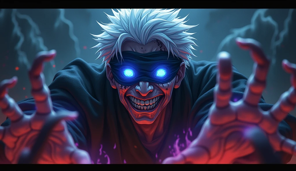 A digital artwork depicting a male character with wild, spiky white hair and a manic expression. His hands are raised to his face, partially obscuring it, showcasing dark, claw-like fingers. One eye glows red with a spiral pattern, contrasting against the dark background. Shades of red swirl behind him, enhancing the intense, chaotic atmosphere of the image. The overall tone conveys a sense of madness or power.