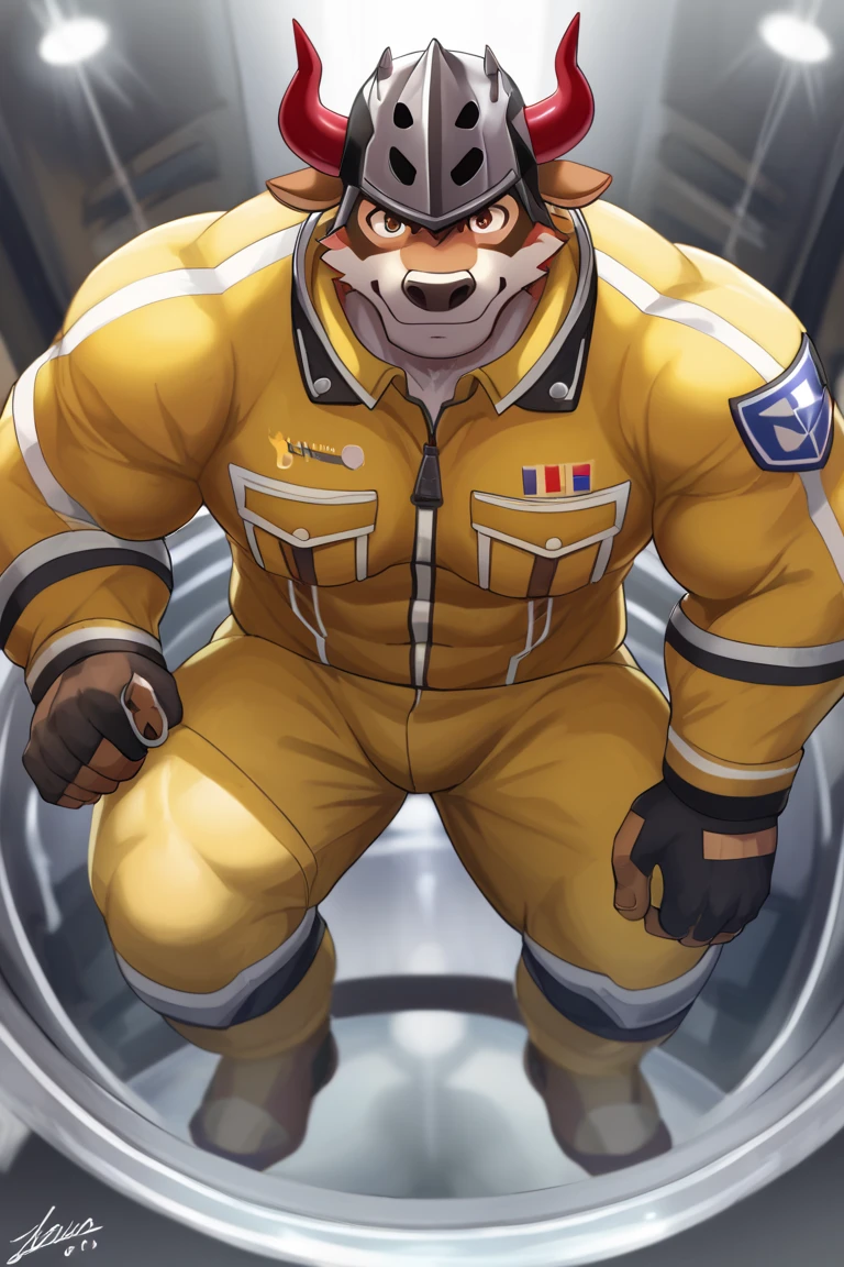 Furry,Bull,live hero,Built,muscle,strong,red horn,therefore,Brown eye,helmet,Yellow jumpsuit