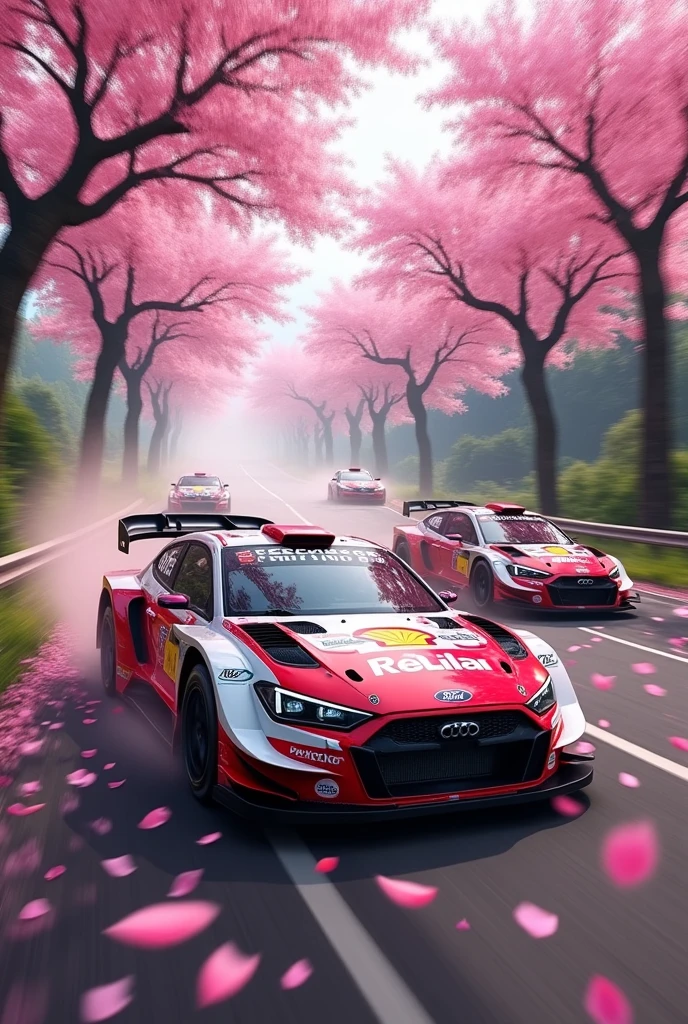 short rally car in the Rain of Petals, row of cherry trees with cherry blossoms in full bloom, side view