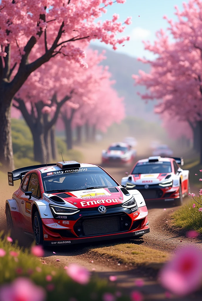 short rally car in the Rain of Petals, row of cherry trees with cherry blossoms in full bloom, side view