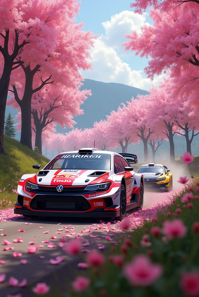 short rally car in the Rain of Petals, row of cherry trees with cherry blossoms in full bloom, side view