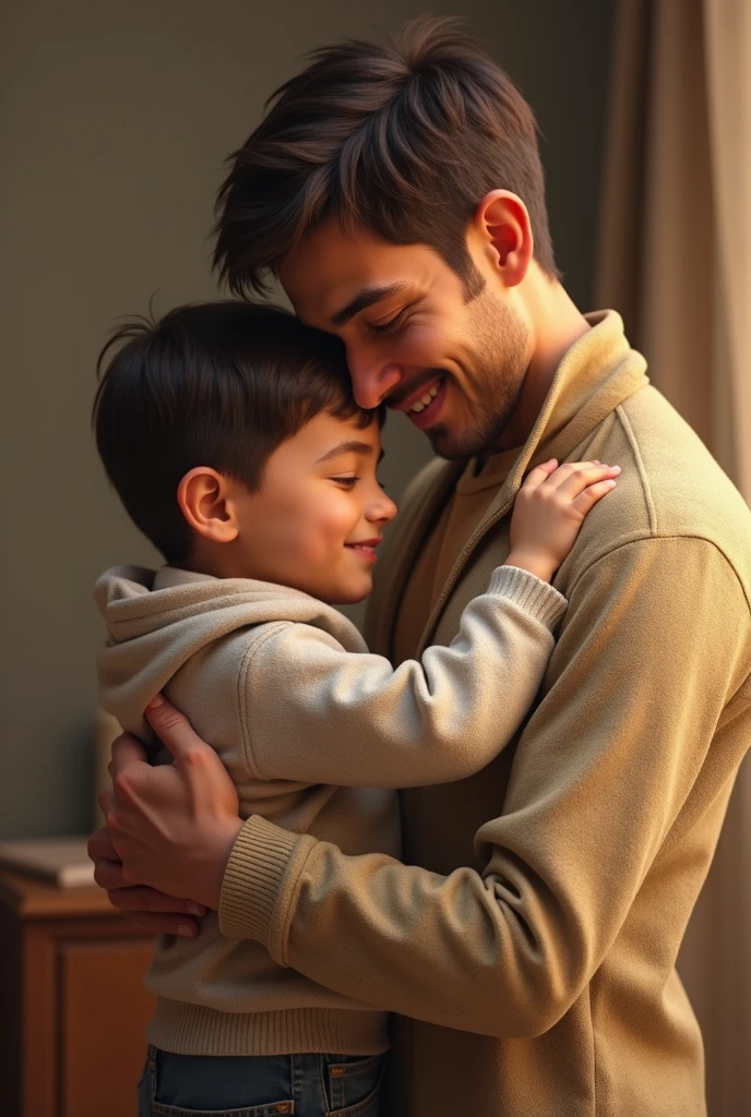 An Italian man in his thirties with green eyes and black hair, holding in his arms his twelve year old son his son has green eyes with curly black hair 