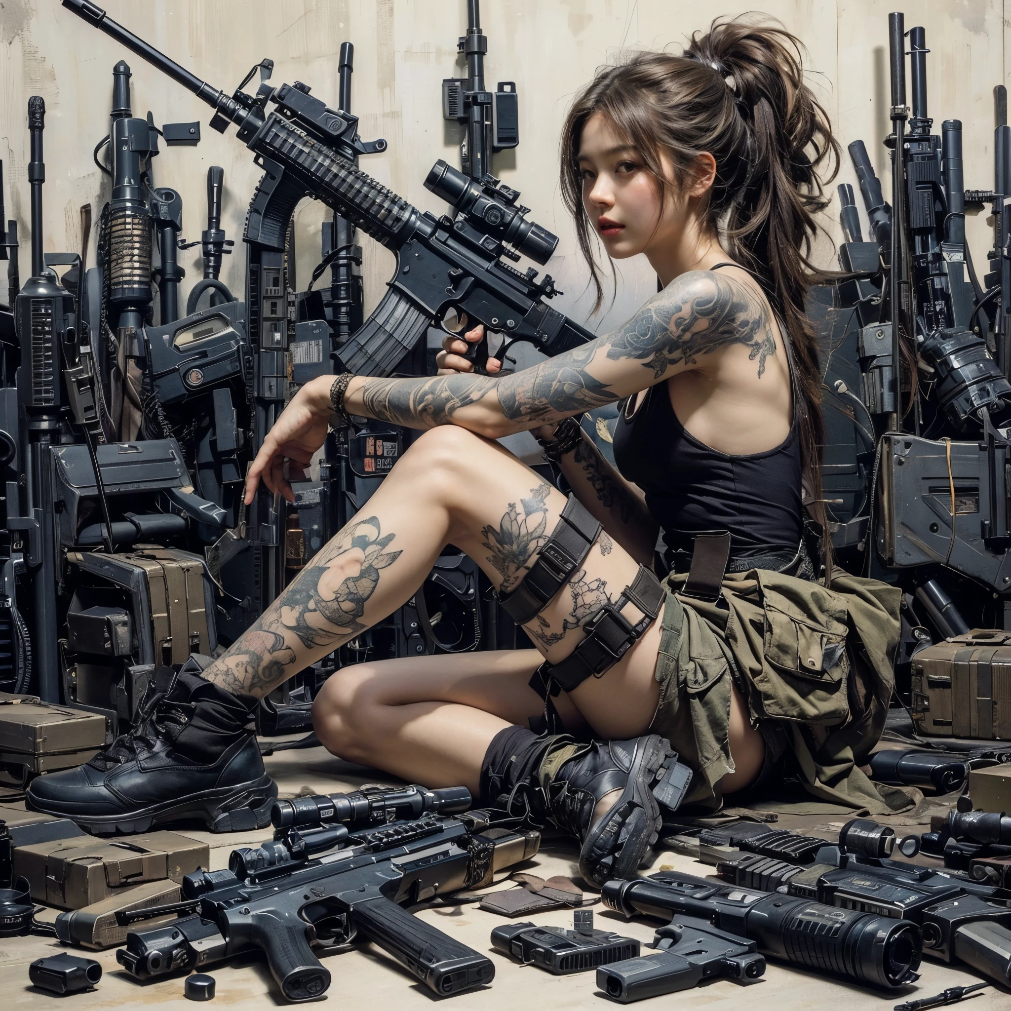 (best quality,highres,masterpiece:1.2),ultra-detailed,(realistic,photorealistic,photo-realistic:1.37),dirty,automatic rifle,28-year-old realistic skin texture,photo-realistic image,colored tone,studio lighting,dark and gritty,grimy,weathered metal,detailed rust,rough texture,rugged design,loud bang,high caliber gun,metallic glare,sharp and clear details,precise reflections,contrast,aggressive stance,intense gaze,hard shadows,gritty urban background,graffiti-covered walls,dirty abandoned warehouse,foggy atmosphere,low-key lighting,heavy smoke,explosive power,realistic gunpowder effect,action-packed scene,dramatic perspective,blurred motion,explosive muzzle flash,emphasizing the power/speed of the bullet
