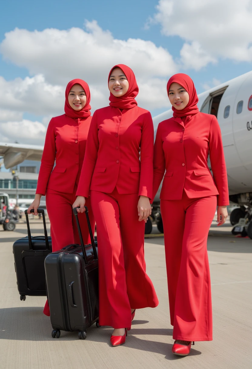  Flight attendants Indonesian-asian women  (( Red long-sleeved flight attendant shirt )). (( Red Islamic hooded )). (( Red long skirt . red shoes)). (( Standing feet touching the ground )) (( Walking on both feet carrying a black suitcase)).  Airplane airport background . . Background of many airplanes . (( Detailed legs )). ((Detailed hands ))