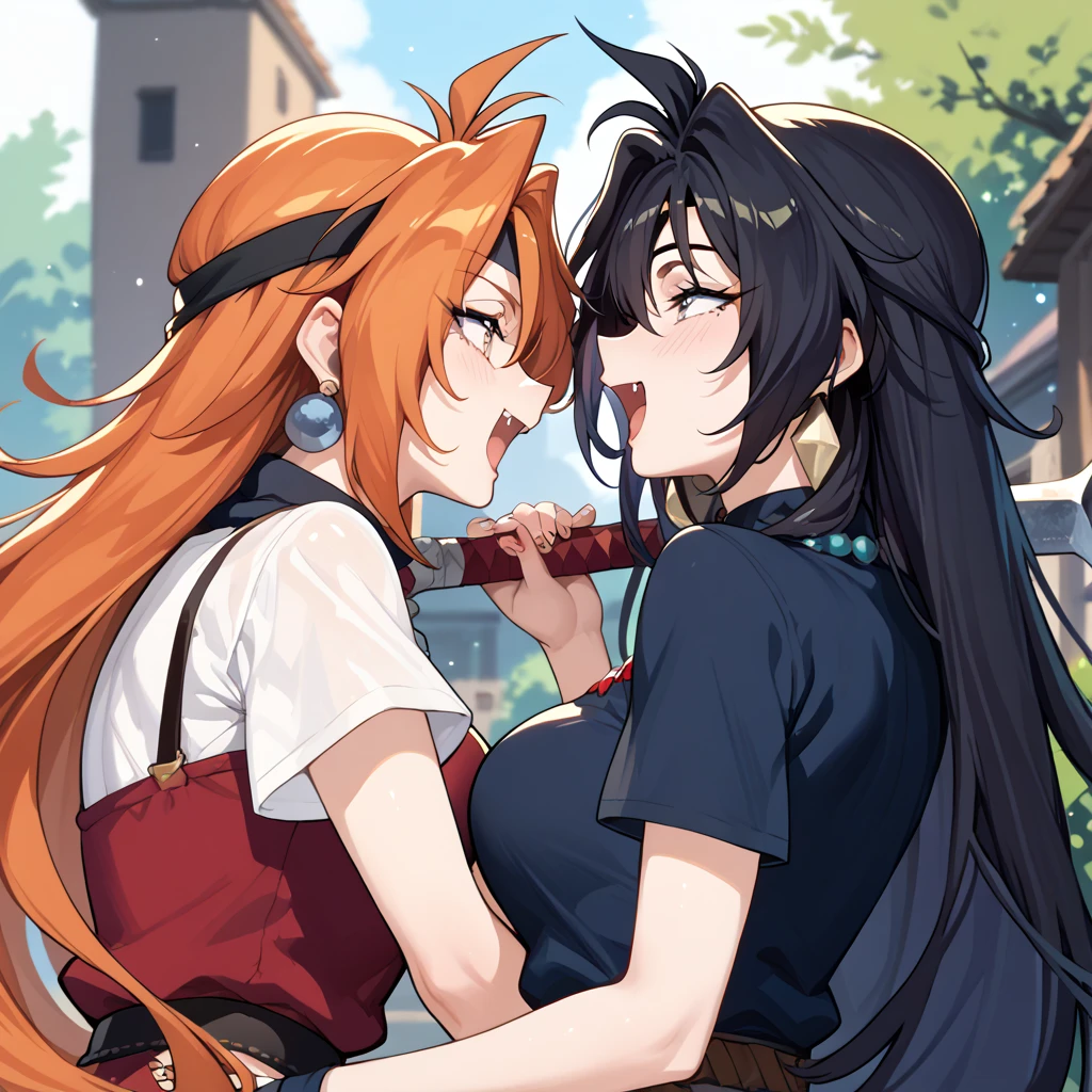 (best quality),(high resolution),2girls,(LNDP-tvs and NSFW_Naga_ownwaifu),BREAK,(headband, orange hair, long hair, fang),BREAK,(black hair,very long hair)