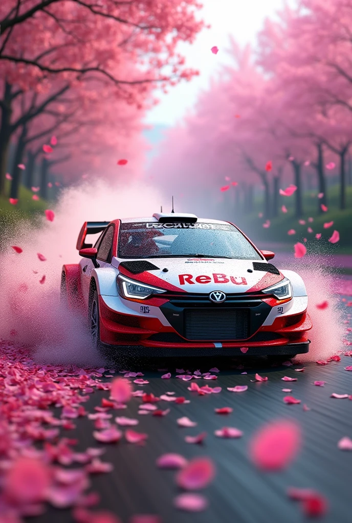 short rally car in the Rain of Petals, row of cherry trees with cherry blossoms in full bloom, side view