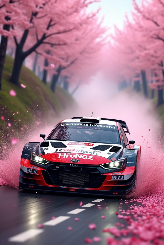 short rally car in the Rain of Petals, row of cherry trees with cherry blossoms in full bloom, side view