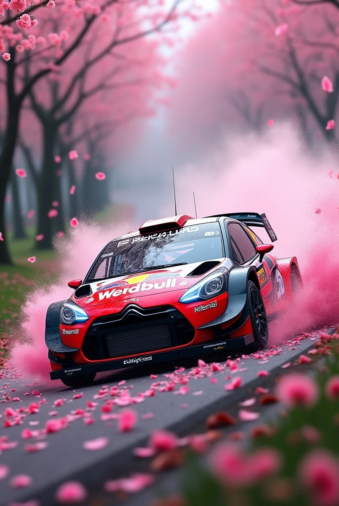 short rally car in the Rain of Petals, row of cherry trees with cherry blossoms in full bloom, side view