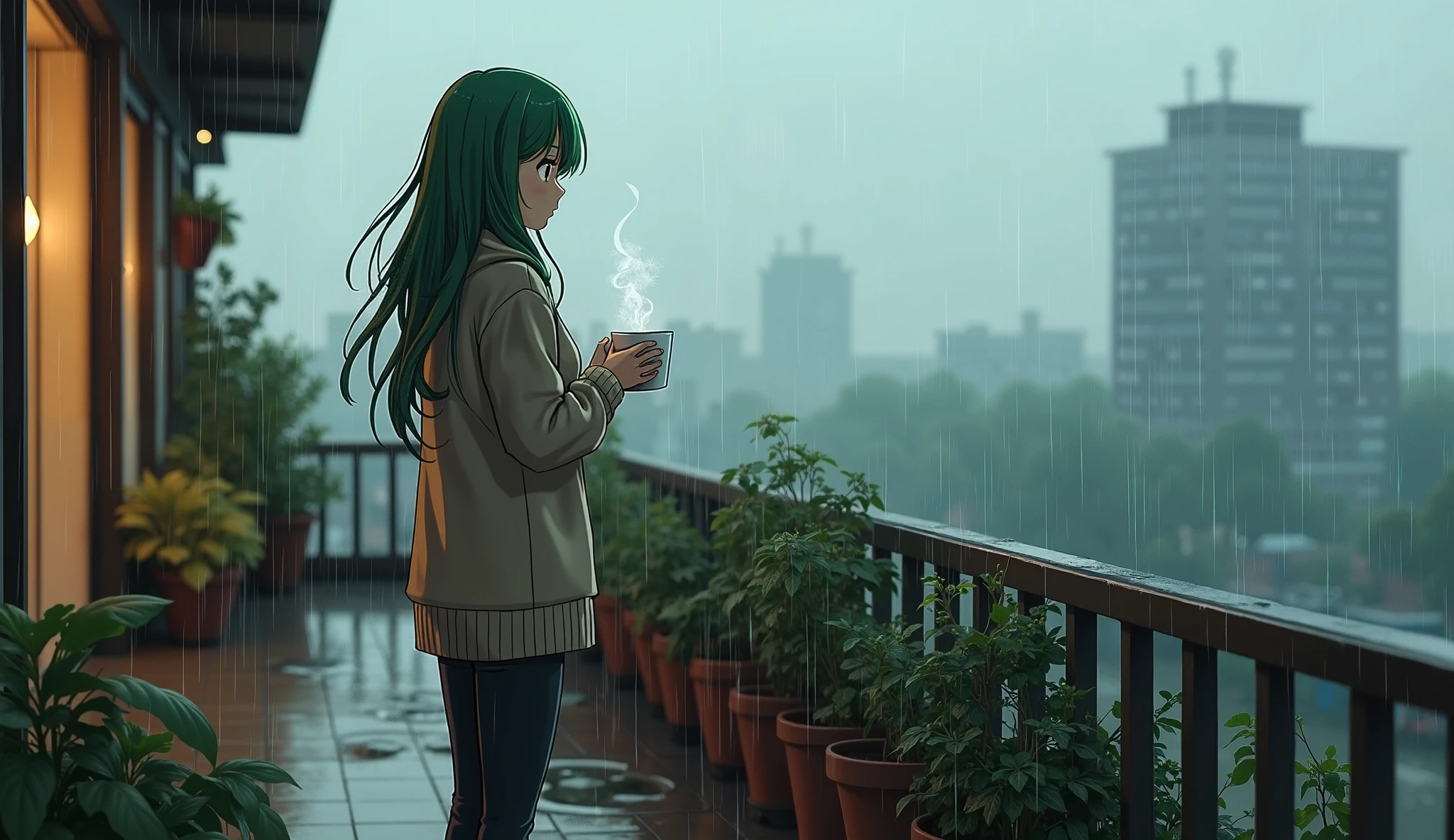 There is a woman standing on a balcony holding a cup of coffee - SeaArt AI