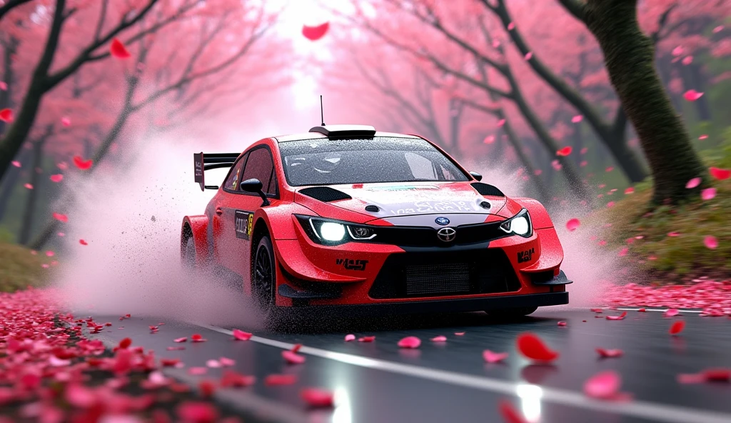 short rally car in the Rain of Petals, row of cherry trees with cherry blossoms in full bloom, side view