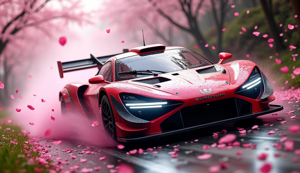 short rally car in the Rain of Petals, row of cherry trees with cherry blossoms in full bloom, side view