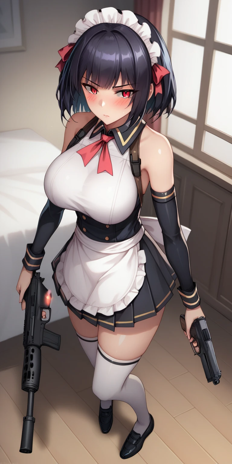 score_9, score_8_above, score_7_above, 1 ,  mature woman,  glowing skin, Erica, apron, assault rifle, fringe, bare shoulders, X-ray rifle ,  black hair, black skirt,Blush, breasts,  DETACHABLE SLEEVES, empunhando duas arms, energy pistol, finger on the trigger, ruffled apron , pistol, holding, holding pistol, holding  arm ,  looking at the viewer,  maid ,  maid  apron,  maid  headdress, large breasts, pleated skirt, rifle,  short hair, skirt, sleeveless, Alone, thigh holster, thighhighs, waist apron,  WALTHER,  arm , white apron,  white clothing for the legs,  red eyes ,  black shoes