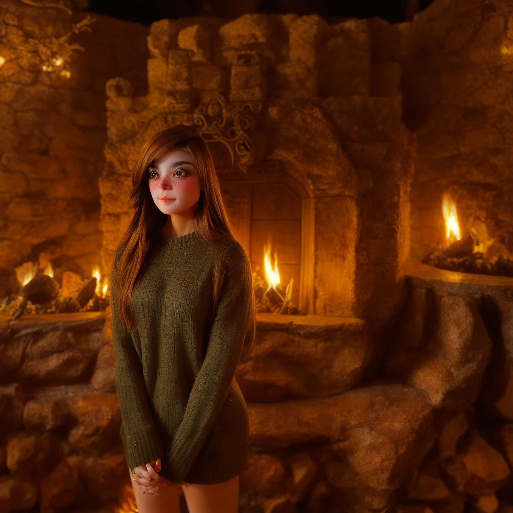 deputyaruuu, 1girl brown weavy hair, wearing a christmas sweater, christmas decoration in background, lit fireplace in background