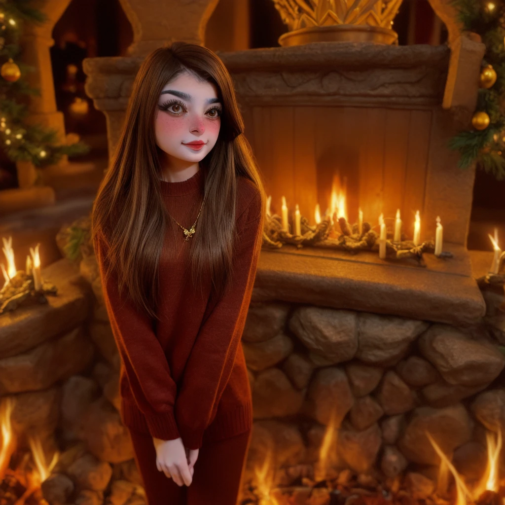 deputyaruuu, 1girl brown weavy hair, wearing a christmas sweater, christmas decoration in background, lit fireplace in background