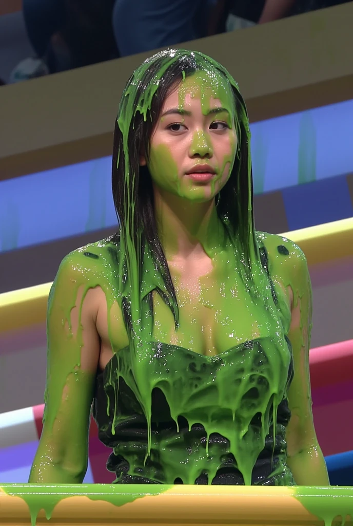 8k, HD, masterpiece, hyper realistic, photo realism, hyper detailed, extreme texture, (21-year Korean woman: 1.2), pigtails, sexy, (thick slime dripping down head: 1.8), (thick slime dripping down body: 1.7), (thick slime dripping down hair: 1.6), surreal), (illustration), (high resolution), (8K), (very detailed), (best illustration), (smart short black hair), (beautiful and detailed black eyes), (best quality), (super detailed), (masterpiece), (wallpaper), (detailed face), solo, (dynamic pose), 1 female, open legs, transparent sludge, messy room, green sludge, open legs, Firm elastic medium breasts, Round plump elastic buttocks, sheer, moaning, enjoyment, (no bra), green sludge on hair and skin, Shocked Asian woman covered in green sludge, green sludge dripping, greenish liquid, green slime, green sludge everywhere, character is covered in liquid, sludge, dripping goo, oozing wet and slimy, beautiful green liquid, expressing humiliation,