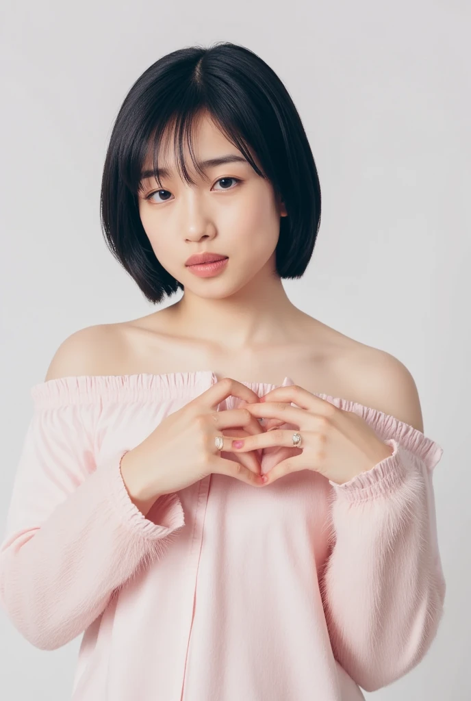  from a front view of her whole body is cute,  fluffy off-shoulder pajamas ,  make a big heart with both hands , Hold it in front of your chest , Looking above my collarbone 、 The background is a monotone   

