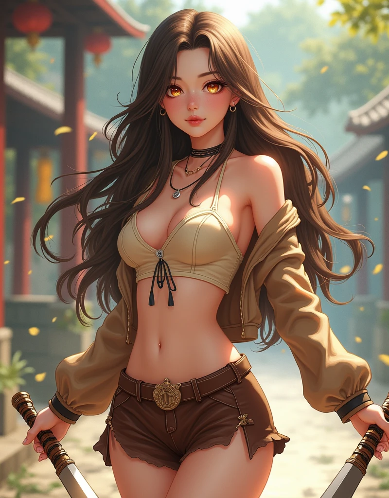 (female:1.2) (bodybuilder:0.8), hyper realistic, masterpiece, photorealistic, real skin, detailed face, detailed skin, detailed lighting, 1girl, (green eyes), large breasts, cleavage, midriff, navel, long hair, curly hair, black hair, red lips, seductive face, smile, blushing, seductive pose