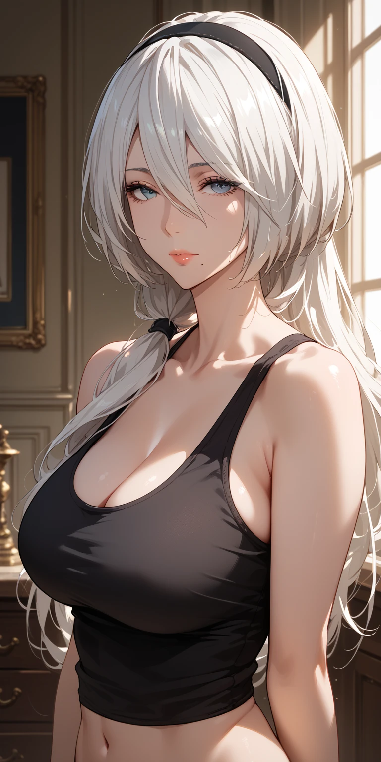 Score_9, Score_8_up, Score_7_up, Source_anime, anime art, anime style, very aesthetic, masterpiece, high quality, 1girl, cool character, mature woman, milf, curvaceous, mole under mouth, black tank top, navel, white hair, long hair, hair between eyes, expressionless, 2b, yorha no. 2 type b, home, soft light, upper body