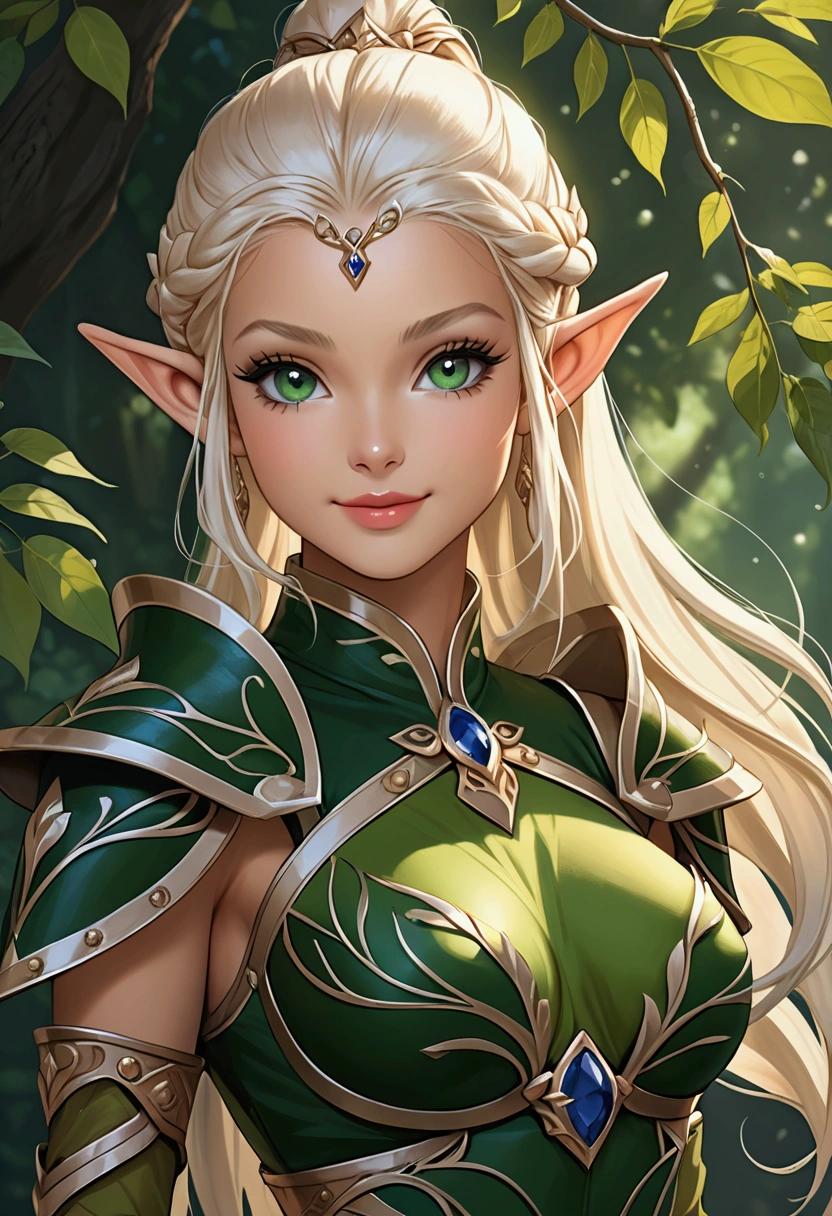 (masterpiece, best quality), 1girl, elven, blonde hair, green eyes, medium breast, beautiful, detailed, enchanted breastplate with precious gemstones, white thigh-high greaves, seductive pose, in a forest, magic flora, detailed face and eyes, volumetric light,