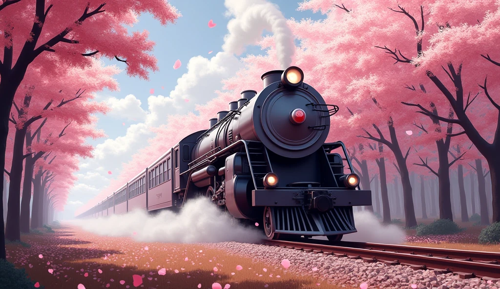 Rain of Petals, Express train running along the rows of cherry trees in full bloom, side view