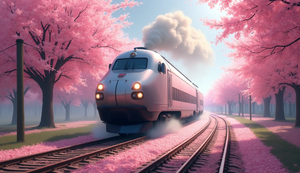 Rain of Petals, Express train running along the rows of cherry trees in full bloom, side view