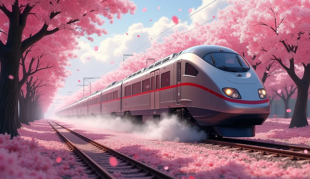 Rain of Petals, Express train running along the rows of cherry trees in full bloom, side view