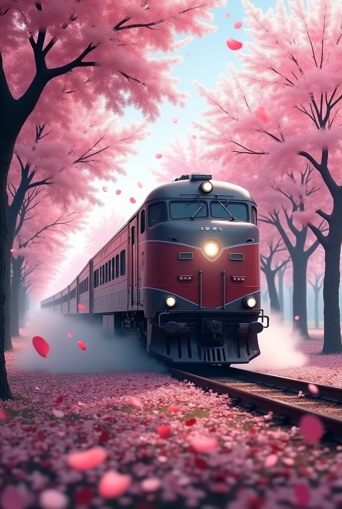 Rain of Petals, Express train running along the rows of cherry trees in full bloom, side view