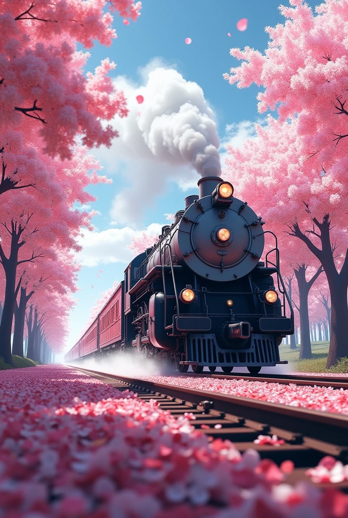 Rain of Petals, Express train running along the rows of cherry trees in full bloom, side view