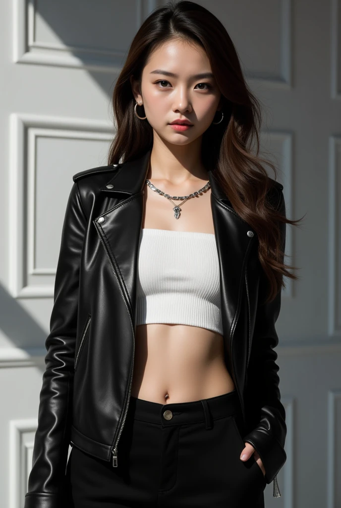 You can see the bass of the instrument in the background、(realistic、High resolution:1.3)、1 Japanese high school girl、(thin)、model body shape、random hairstyle、long hair、black leather jacket、please wear a black jacket、Delicate waist、T-shirt visible、ribs are clearly visible、(There is a gap between the left and right breasts)