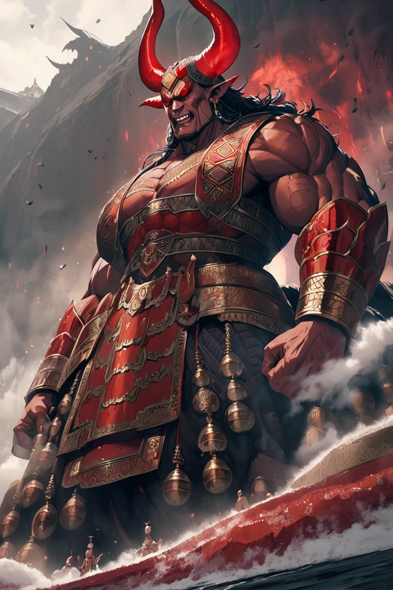 Cartoon image of a man holding a sword and a demon, inspired by Li Kan, epic full color illustration, Inspired by Hu Zaobin, fire giant, Akira in Chinese mythology, asura from chinese myth, the god emperor of mankind, naranbaatar ganbold, wario as the armored titan, mark brooks detailed