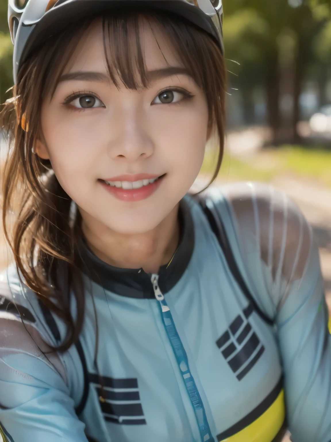 (highest quality、detailed、8K、masterpiece、Shot with a high-end camera)、cute japanese woman、cyclingウェア、cycling、Riding a bicycle、Road bike、Helmet、big breasts、long sleeve