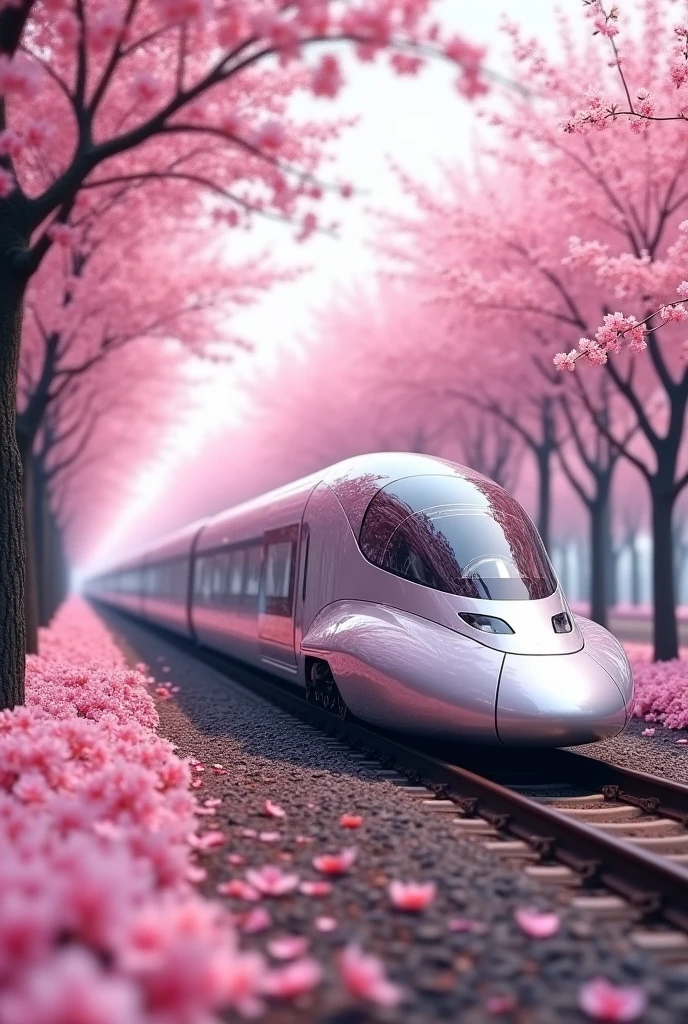 Rain of Petals, Express train running along the rows of cherry trees in full bloom, side view