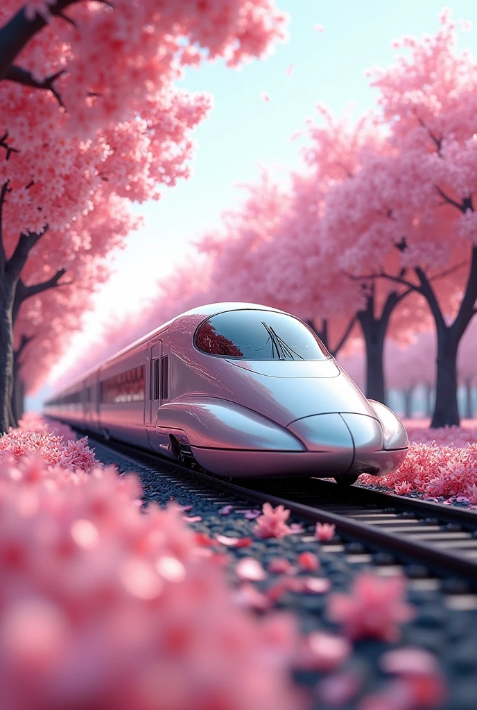 Rain of Petals, Express train running along the rows of cherry trees in full bloom, side view