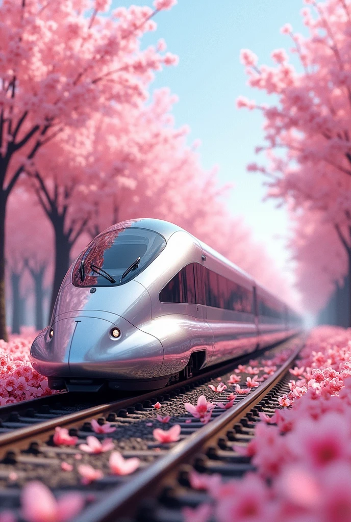 Rain of Petals, Express train running along the rows of cherry trees in full bloom, side view