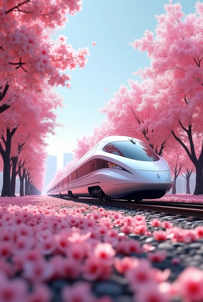 Rain of Petals, Express train running along the rows of cherry trees in full bloom, side view