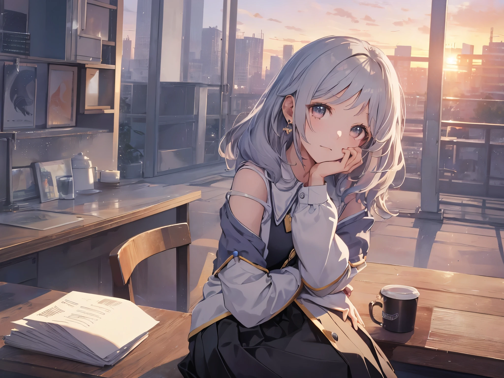 Alone, 1 girl, (human ears, earrings), (Anime Face), (((sitting, hands on face))), (black casual dress with ruffled sleeves, black skirt with ruffles), ( sunset sky, sunset sun) , evening sky), (focus on chest, Oblique angle), (high resolution, masterpiece, accurate, anatomically correct, multiple award winning, top quality, detailed, high quality model, high quality , retina, highly detailed, textured skin, ultra-high resolution)、((Place the character in the center、 upper body))
