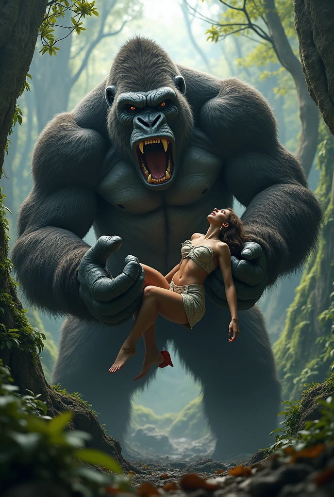 (Lara Croft, large breasts, sparse pubic hair) vaginal, oral, anal fucking by (many huge male gorillas with gorilla penis) in ancient ruins in the jungle