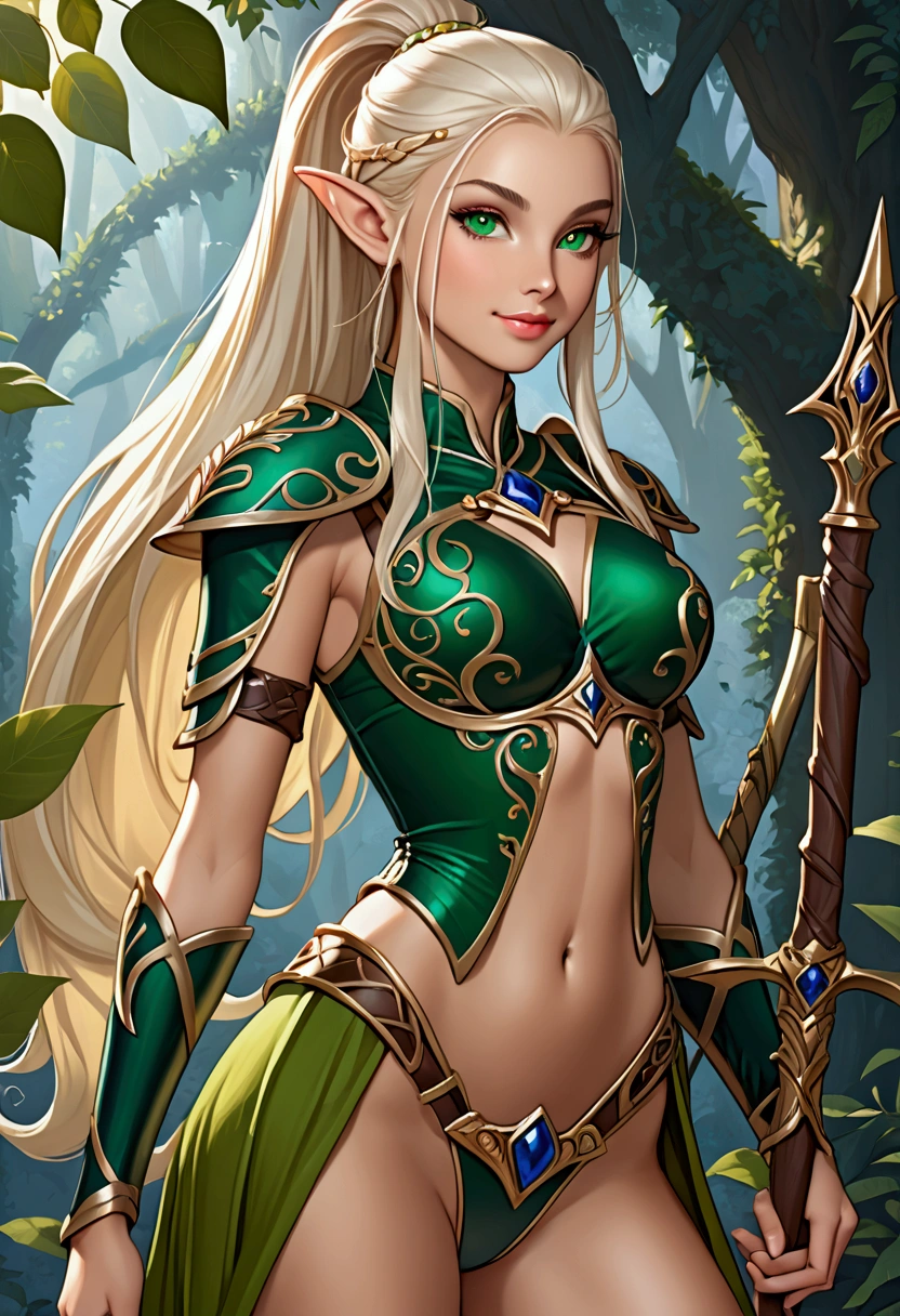 medieval setting, full view of body, (detailed elf ear, 1 woman, elven featured face, beautiful green eyes, blonde hair), leather armor, black leather pants,