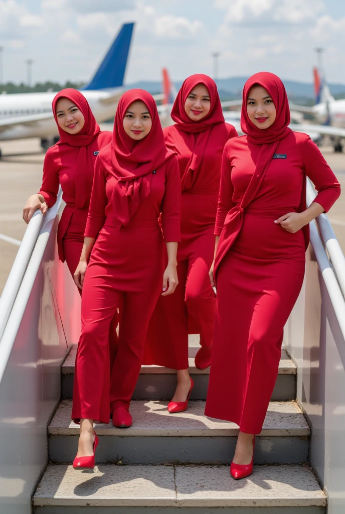  Flight attendants Indonesian-asian women  (( Red long-sleeved flight attendant shirt )). (( Red Islamic hooded )). (( Red long skirt . red shoes)). (( Standing feet touching the ground )) ((Walking striding up the stairs of the plane)).  Airplane airport background . . Background of many airplanes . (( Detailed legs )). ((Detailed hands ))