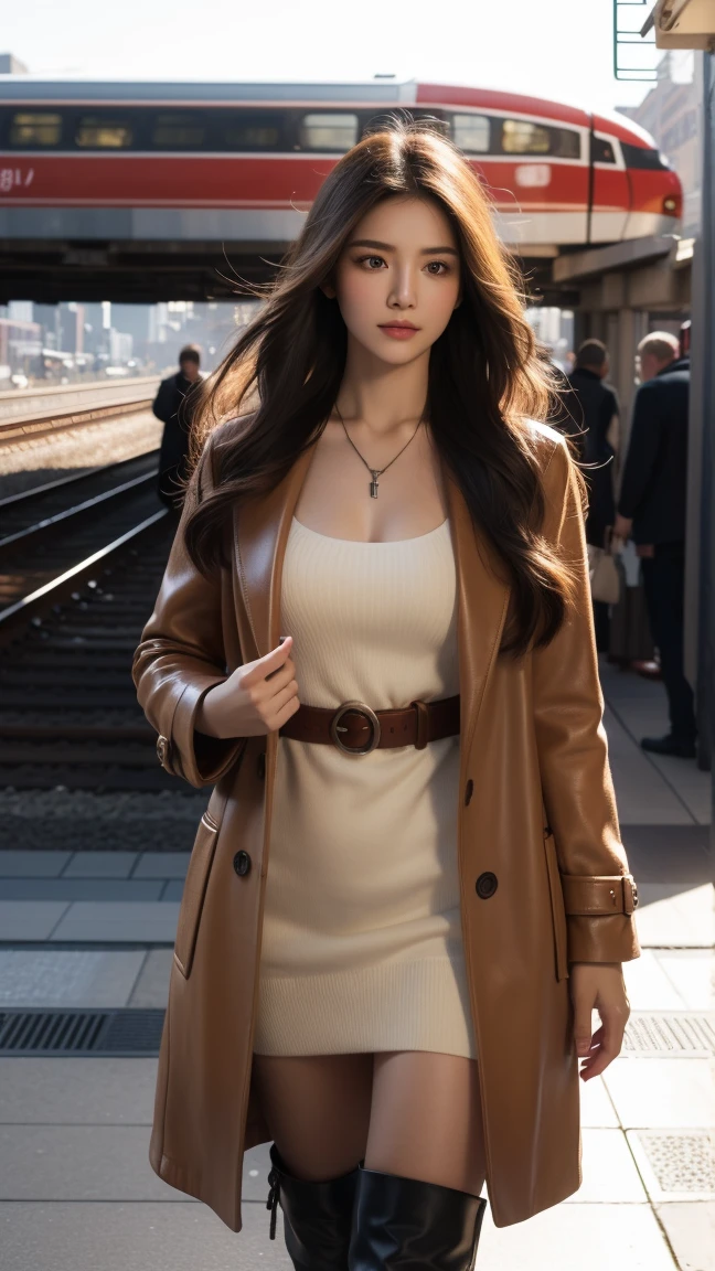 (photorealistic:1.4), ((Long Hair Style, Big breast: 1.2)), Base quality, masterpiece, ultra high res, raw photo, professional lighting, perfect light, (cowboy short), (look at view: 1.2), random pose, 1girl, (wear elegant long coat, leather boots), (wear red scarf), (Background urban train station, modern design, train tracks with blurred trains, soft sunlight streaming through station windows, busy commuters in the distance), wear necklace small cross, lively atmosphere, modern urban environment, blend of photorealism and romanticism, warm color scheme, professional lighting, detailed lighting, photon mapping, radiosity, physically-based rendering, backlighting, depth of field, natural lighting, hard focus, film grain, professional photoshoot, photographed with a Nikon 9a f/1.4 55mm, realistic reflection of light from above, detailed shadow, realistic skin, detailed eyes, realistic eyes best shadow, RAW, instagram LUT.