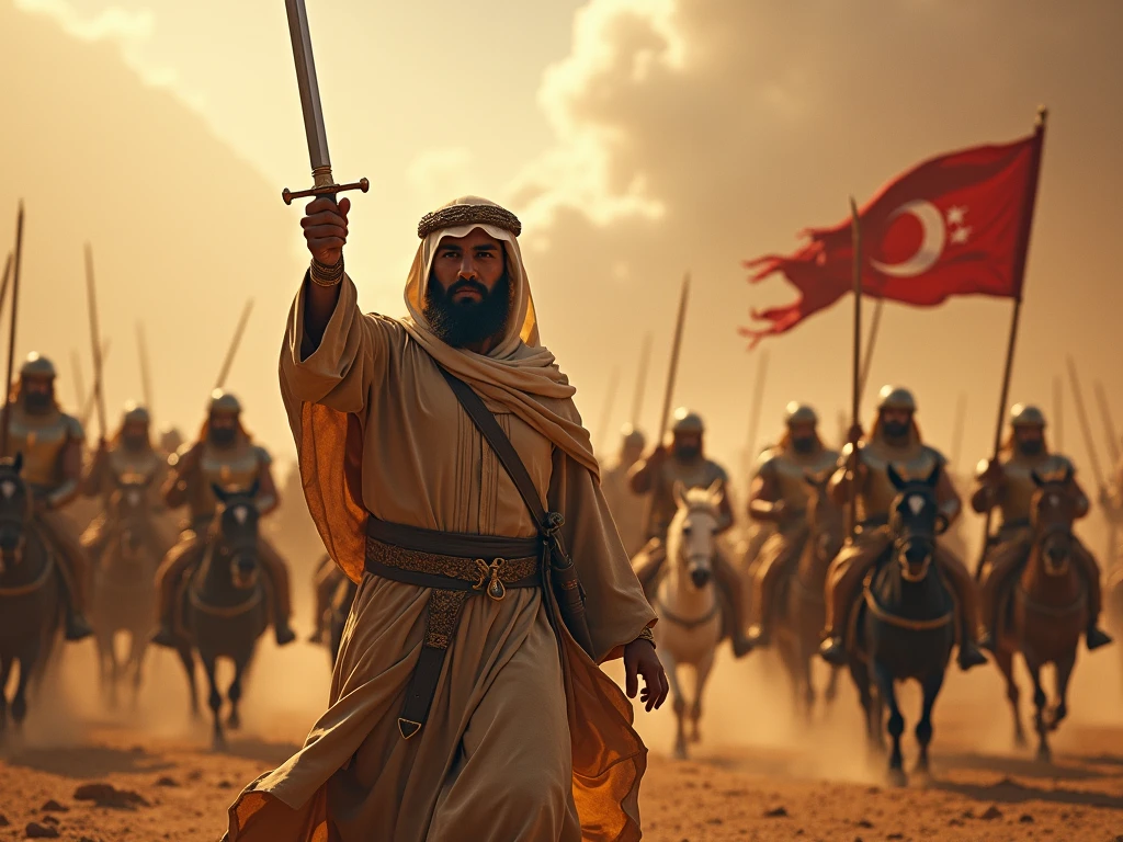 Saladin increasing the unity, power and prestige of the Islamic world with his conquest of Jerusalem in a historical scene. In the background, the Islamic world’s map and flags. In the foreground, Saladin receiving the congratulations and praises of the Muslim leaders and scholars. The image has brown, green and white colors dominant. The image is drawn in an epic, legendary and cinematic style.