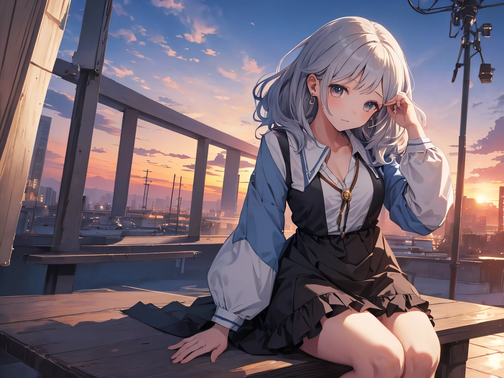 Solo, 1 girl, (human ears, earrings), (anime face), (((sitting, hands on head))), (black casual dress with ruffled sleeves, black skirt with ruffles), ( sunset sky, sunset sun) , evening sky), (focus on chest, oblique angle), (high resolution, masterpiece, accurate, anatomically correct, multiple award winning, top quality, detailed, high quality model, high quality , retina, highly detailed, textured skin, ultra-high resolution).